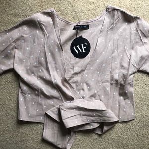 White Fox Boutique Tie Front Beige Crop Top